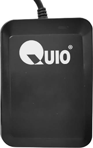 Vanjski tvrdi disk crnog kućišta i kabela, na kojem se nalazi logo 'QUIO'.