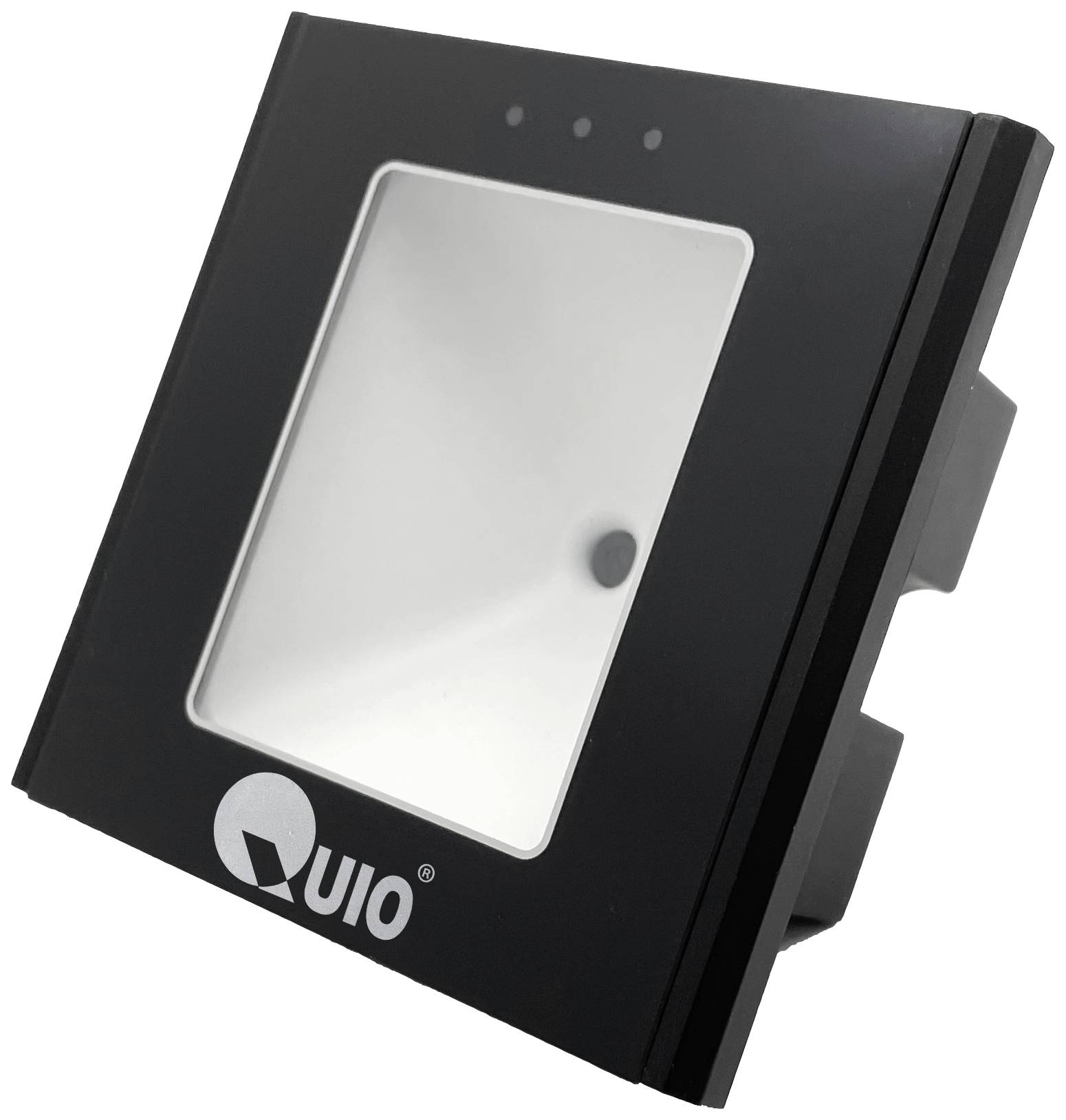 Crni RFID čitač kartice s pravokutnim zaslonom i tri male lampice iznad njega, prikazan iz profila. Logotip marke je vidljiv.