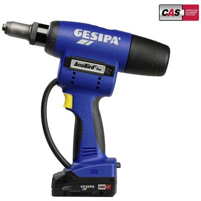 Baterijski upravljana slijepa pištola za zakovice sa plavim kućištem, naljepnica 'AccuBird Pro'. Baterija smještena dolje, logo 'Cordless Alliance System' gore desno.