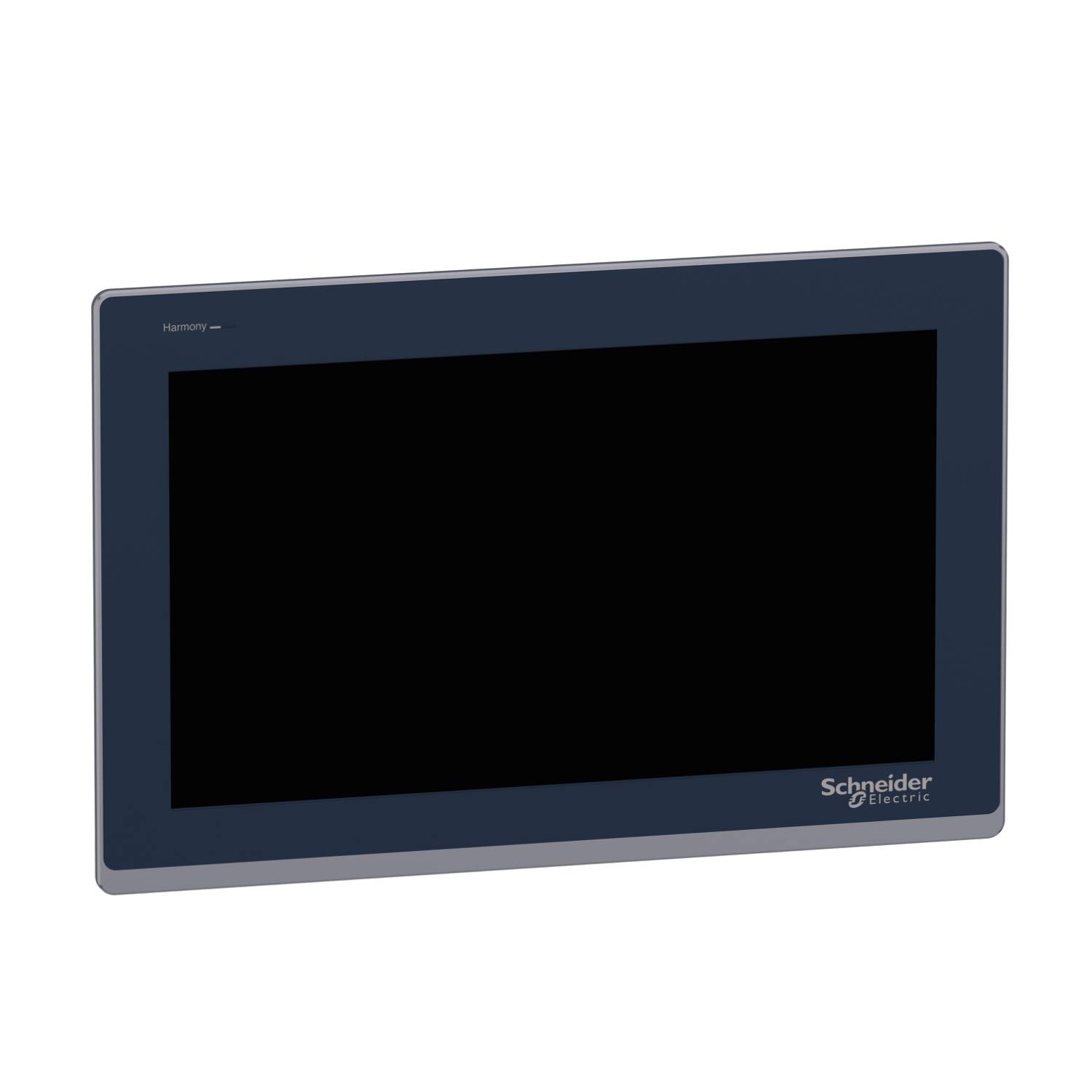 Crni zaslon uređaja Schneider Electric, modela Harmony. Ima gladak, pravokutan oblik s tankim okvirom.