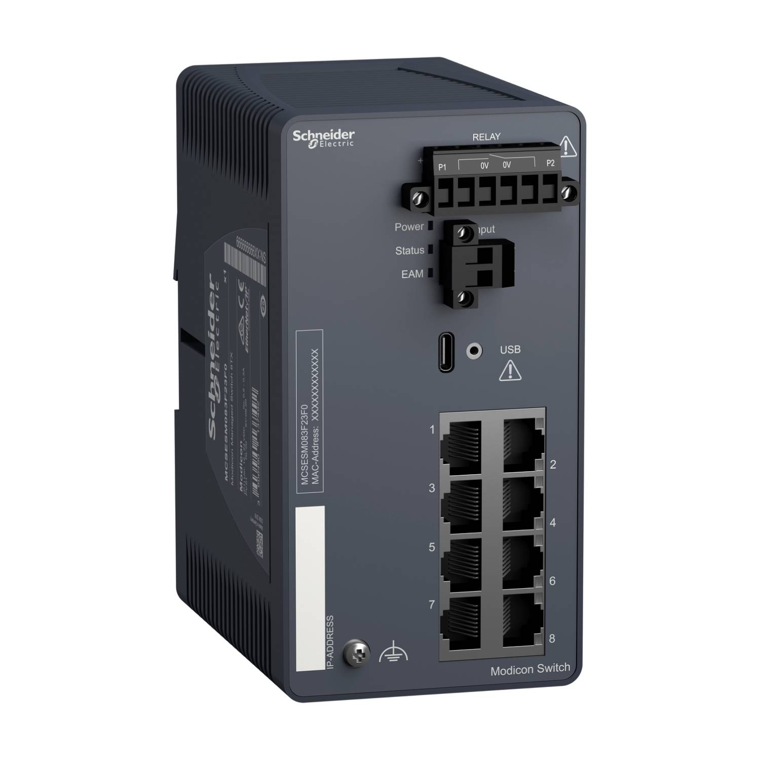 Industrijski Ethernet preklopnik Schneider Electric, model 'Modicon', prikazuje osam Ethernet priključaka na prednjoj strani, USB priključak i statusne LED indikatore.