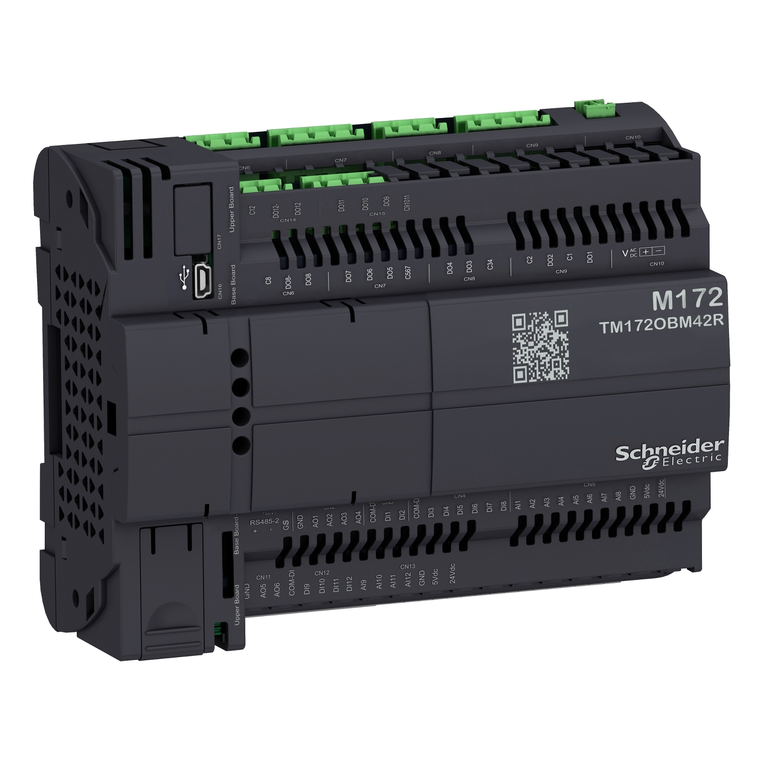 Programabilni logički kontroler (PLC), model M172 tvrtke Schneider Electric, s nekoliko priključnih stezaljki.