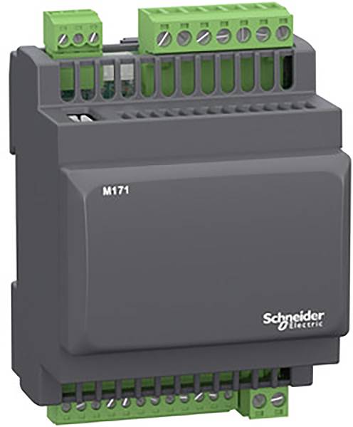 Sivi elektronički uređaj sa zelenim priključcima, označen natpisima 'Schneider Electric' i 'M171'.