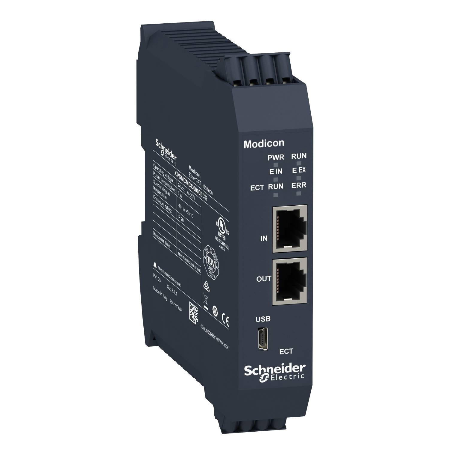 Crni Modicon uređaj tvrtke Schneider Electric sa dvije Ethernet i jednom USB interfejsom, opremljen brojnim LED indikatorima.