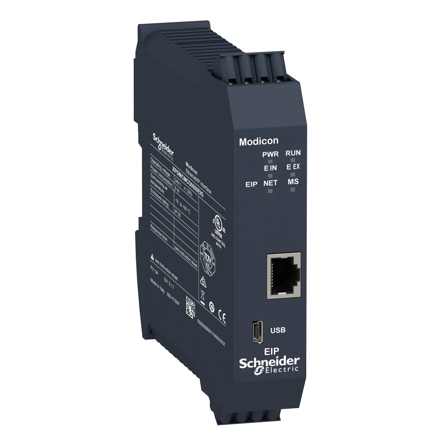 Crna elektronička jedinica tvrtke Schneider Electric, model Modicon. Sadrži priključke za USB i Ethernet s LED indikatorima.