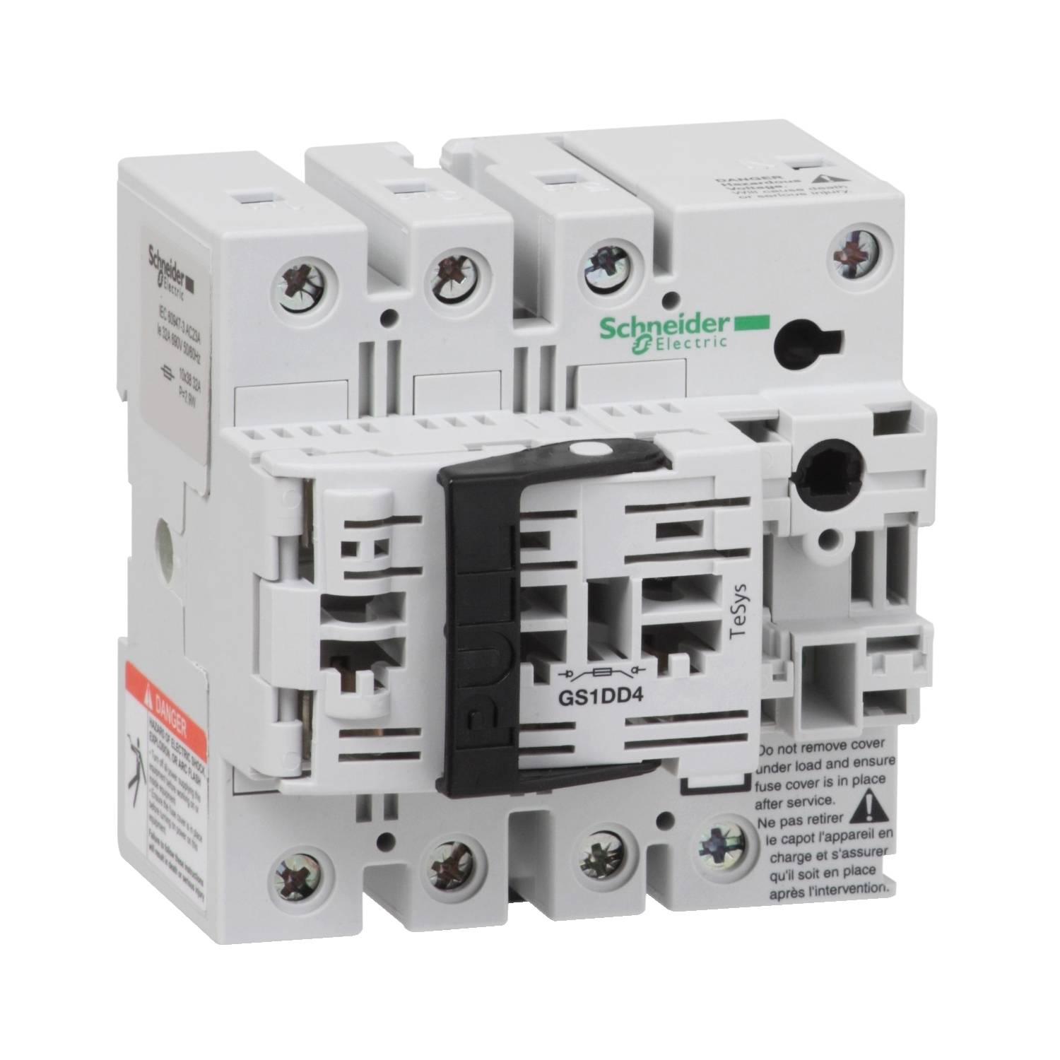 Zaštitni uređaj marke Schneider Electric, model GS1DD4. Bijelo kućište, sastoji se od nekoliko modula sa vijčanim priključcima.