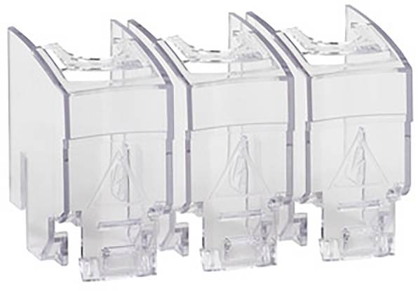 Tri prozirna plastična konektora u nizu, korištena za spajanje kabela ili žica u elektroinstalacijama.