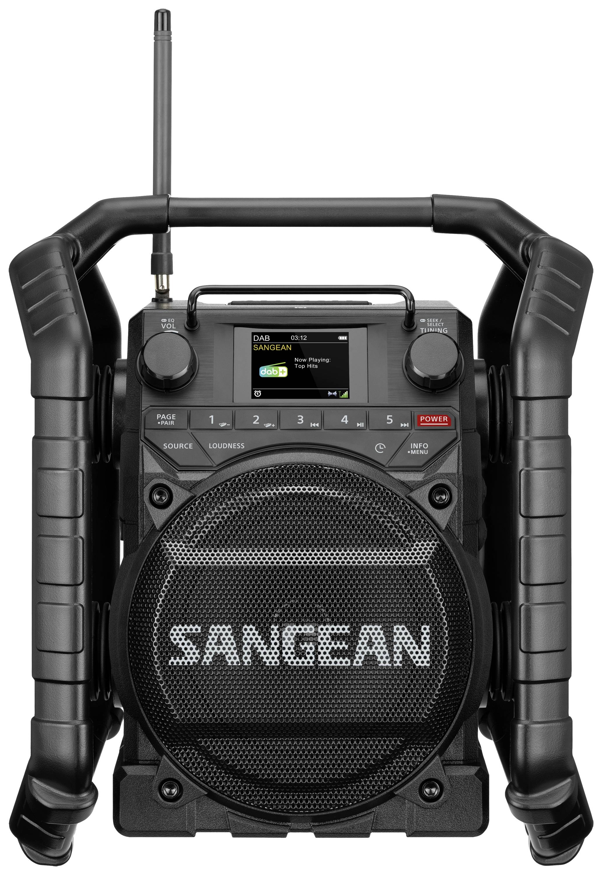 Prijenosni radio robustnog dizajna s velikim zvučnikom, a zaslon prikazuje 'SANGEAN'. Antena je smještena gore lijevo.