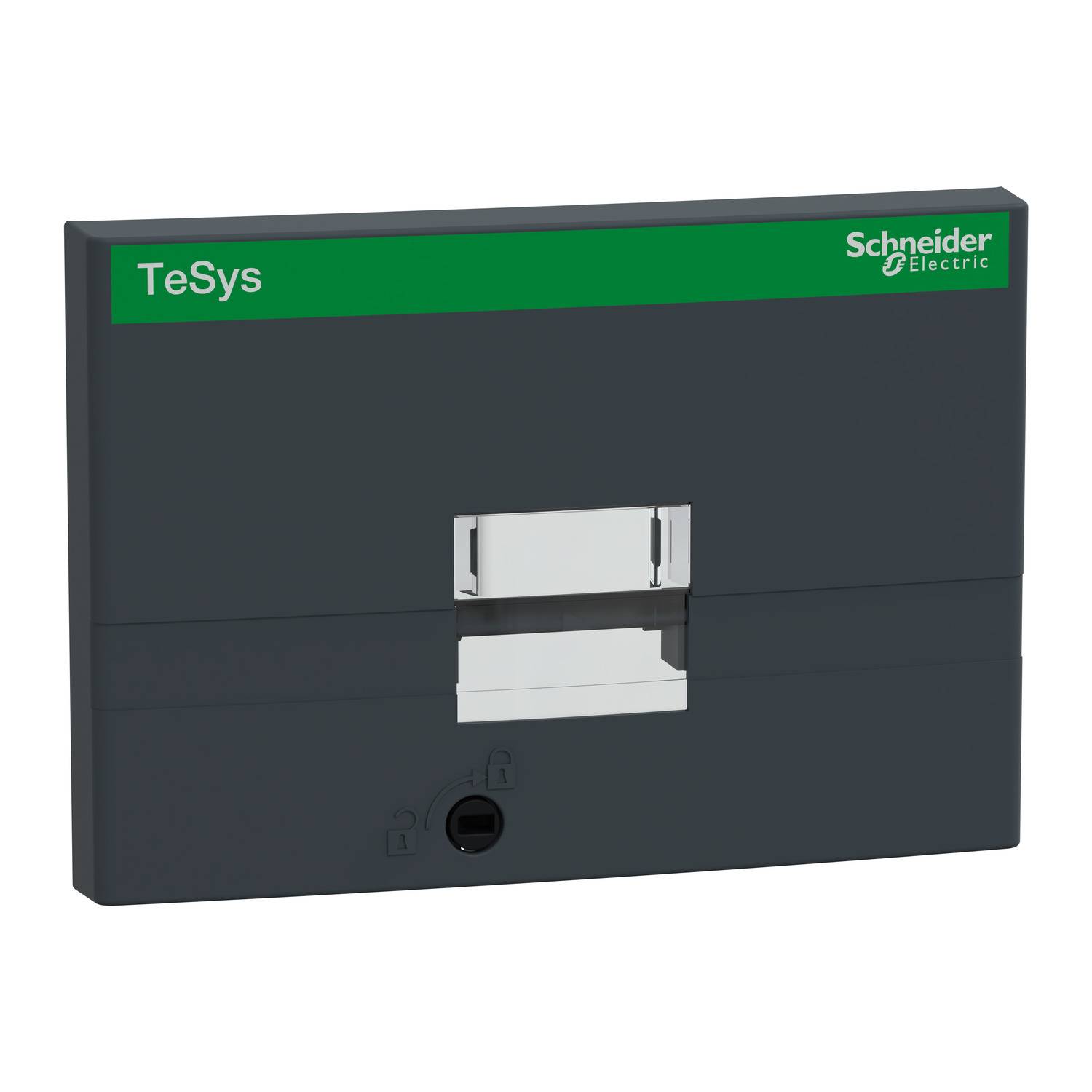 Sivo pravokutni Schneider Electric modul sa zelenom oznakom 'TeSys' gore lijevo i centralnom polugom.