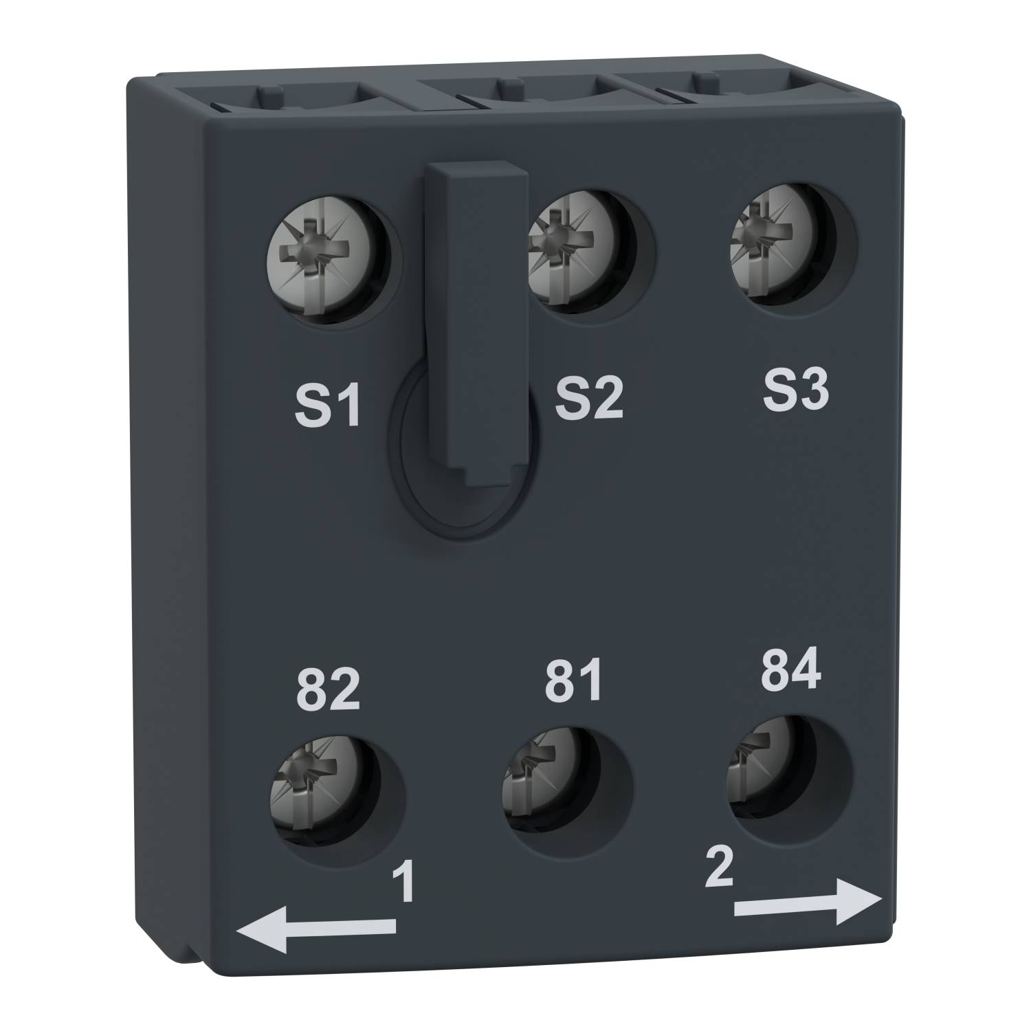 Sivi električni blok za spajanje sa šest vijčanih stezaljki, označen natpisima 'S1', 'S2', 'S3', '82', '81', '84', i strelicama prema '1' i '2'.