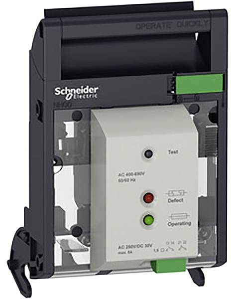 Električni prekidač tvrtke Schneider Electric s tri obojene LED indikacije za testiranje, kvar i rad. Pravokutnog oblika, tamnosive i bijele boje.