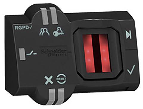 Crni elektronički uređaj s crvenim zaslonom i simbolima osoba i slušalica. Logo proizvođača na vrhu.