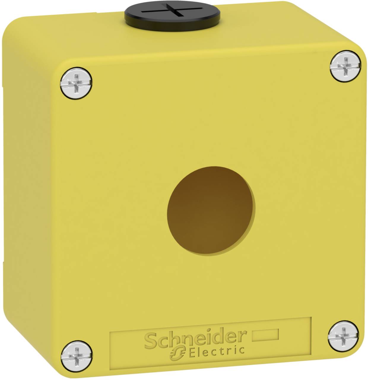 Žuto kućište od Schneider Electrica s okruglom rupom u sredini i vijcima na uglovima.