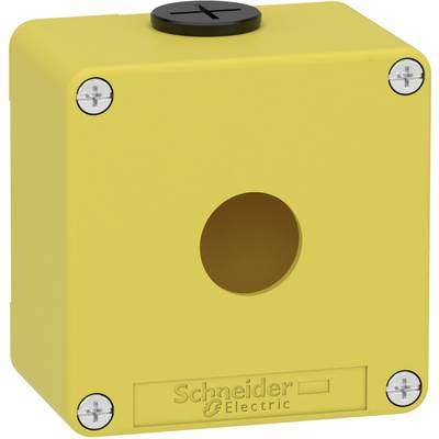 Žuto kućište od Schneider Electrica s okruglom rupom u sredini i vijcima na uglovima.