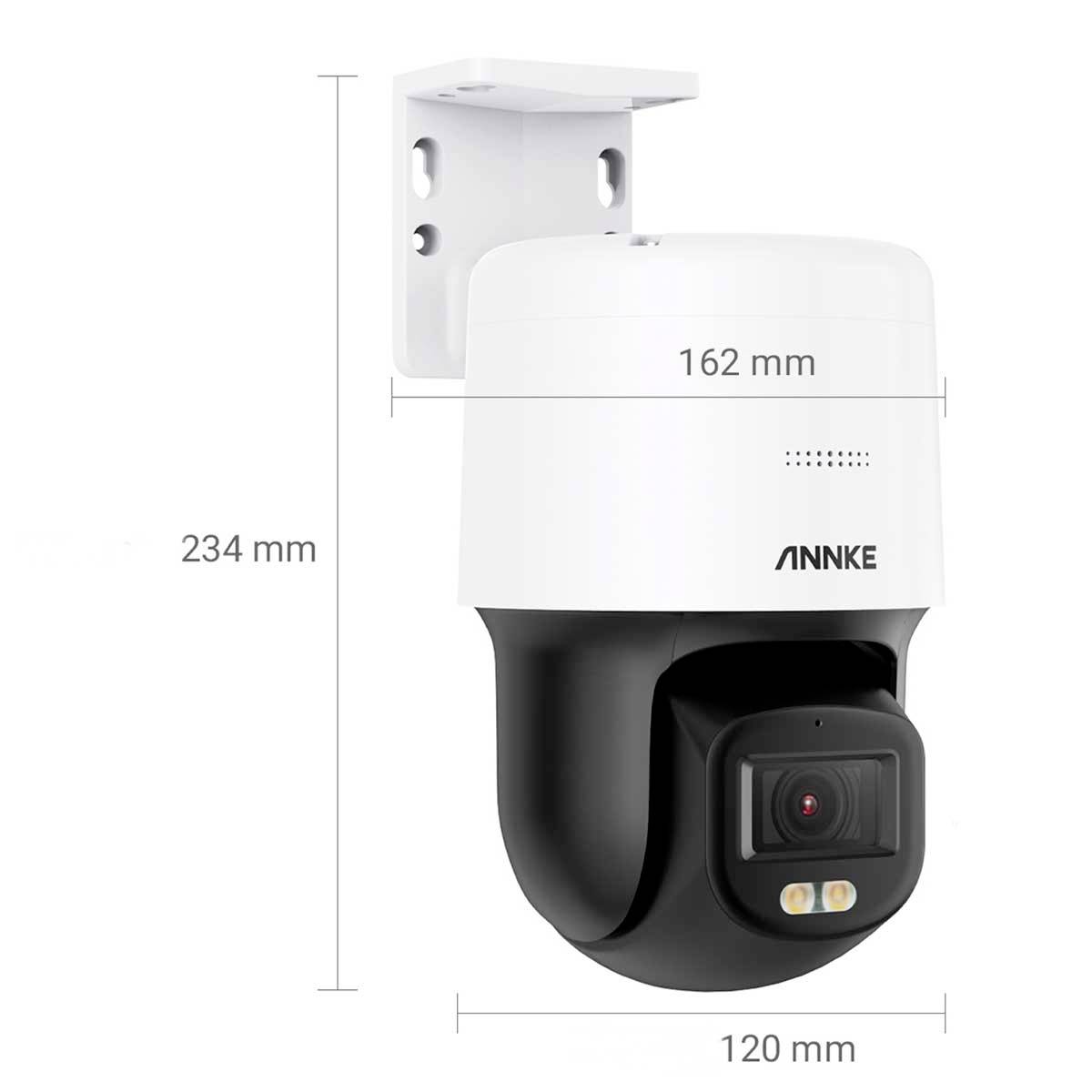 Nadzorna kamera Annke, crno-bijela, s nosačem za zid. Dimenzije: 162 mm širine, 120 mm dubine, 234 mm visine.