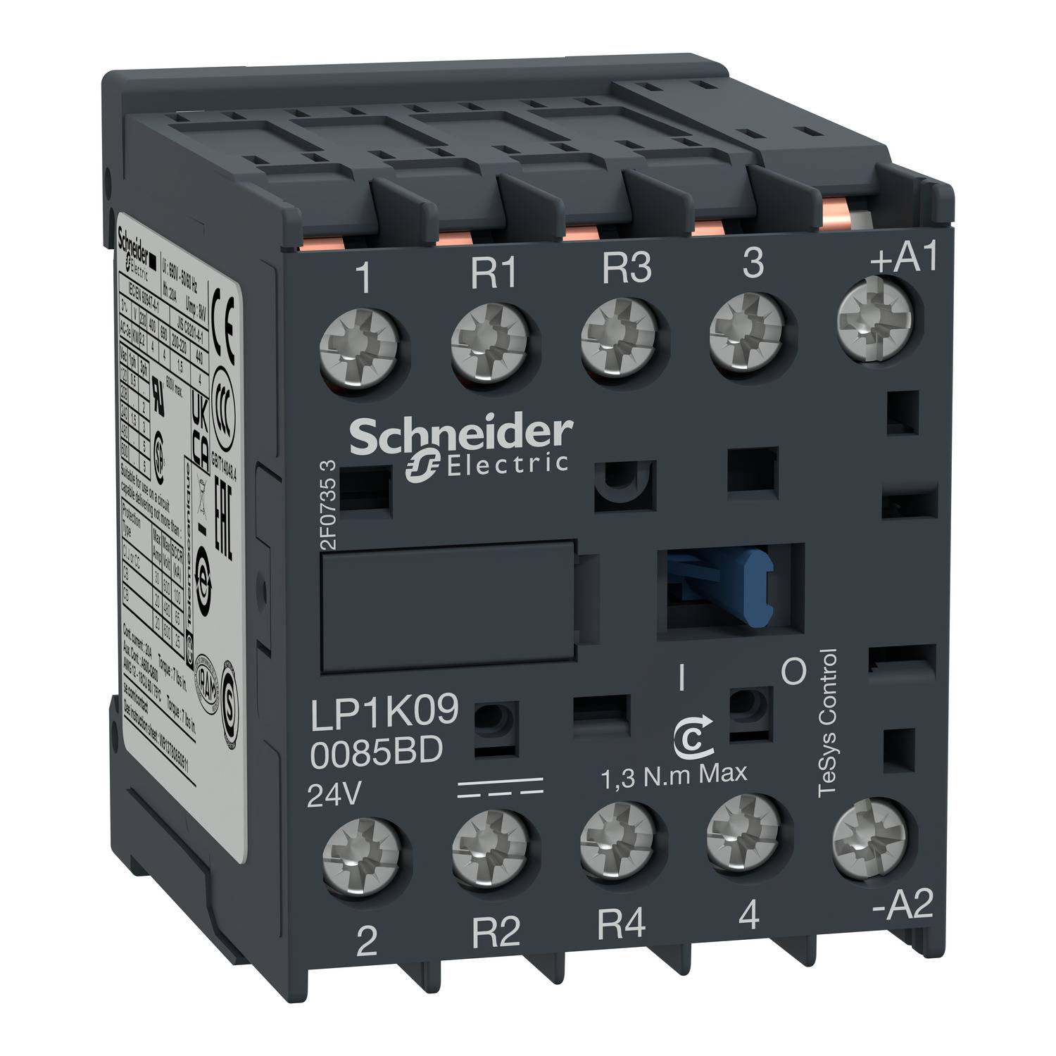 Crni električni kontaktor tvrtke Schneider Electric, model LP1K09 0085BD. Napon: 24V. Prednji i bočni prikaz.