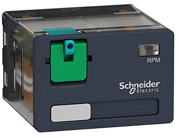 Elektronički uređaj s natpisom 'Schneider Electric' i 'RPM', tamnosivo kućište sa zelenim i crnim prekidačem.