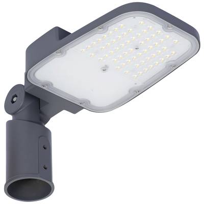 Moderna, siva LED cestovna svjetiljka s pravokutnom glavom i brojnim malim LED žaruljama, postavljena na kutu.