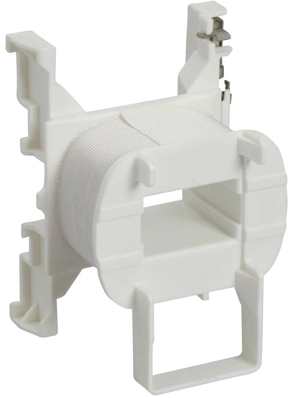 Bijelo plastično kućište zavojnice s pravokutnim središnjim dijelom i dvije bočne kopče, prikladno za elektroničke primjene.