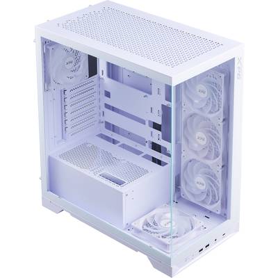 Bijelo kućište računala s prozirnim bočnim prozorom koje prikazuje pet ventilatora. Nema ugrađenih komponenti.