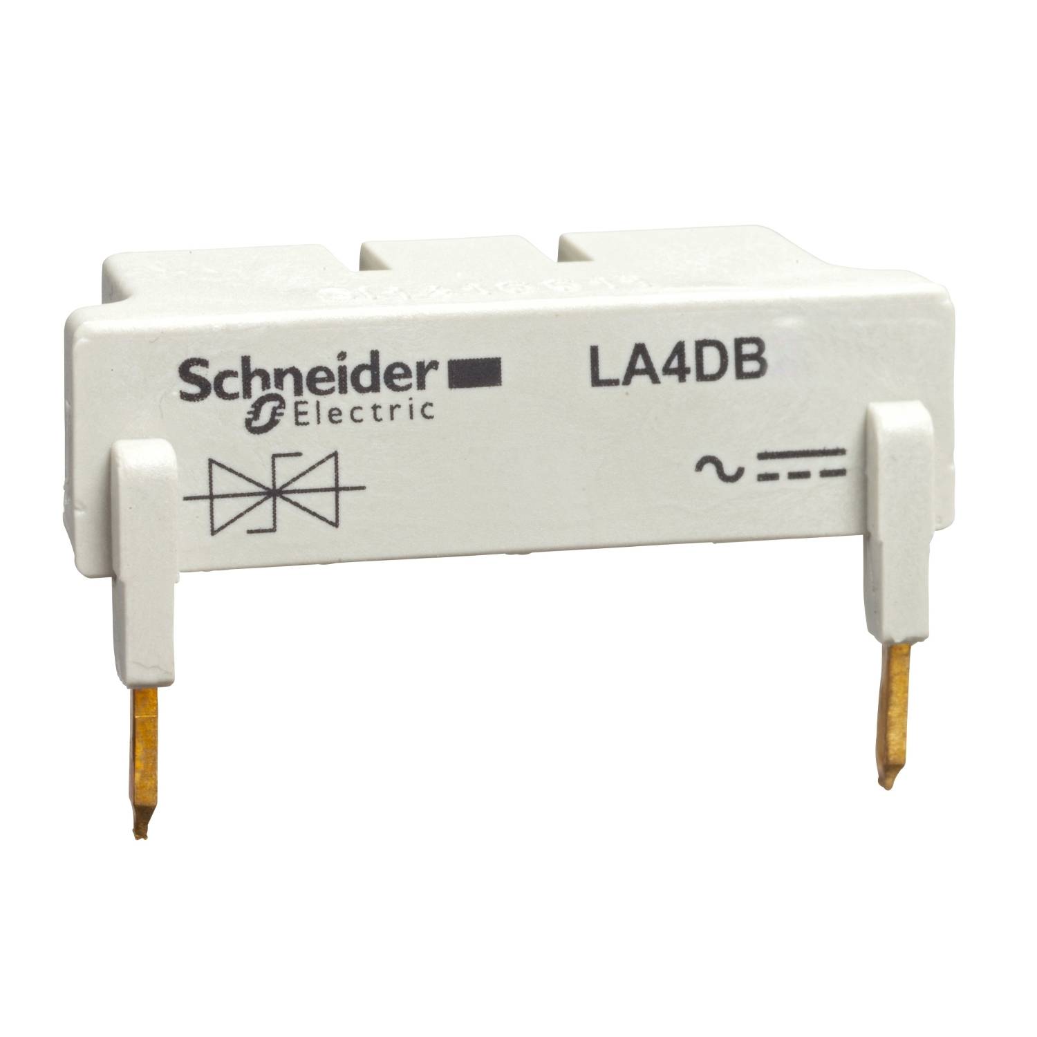 Mali bijeli dio uređaja od Schneider Electrica, model LA4DB, s dva zlatna kontakta. Simbol pokazuje izmjeničnu struju.