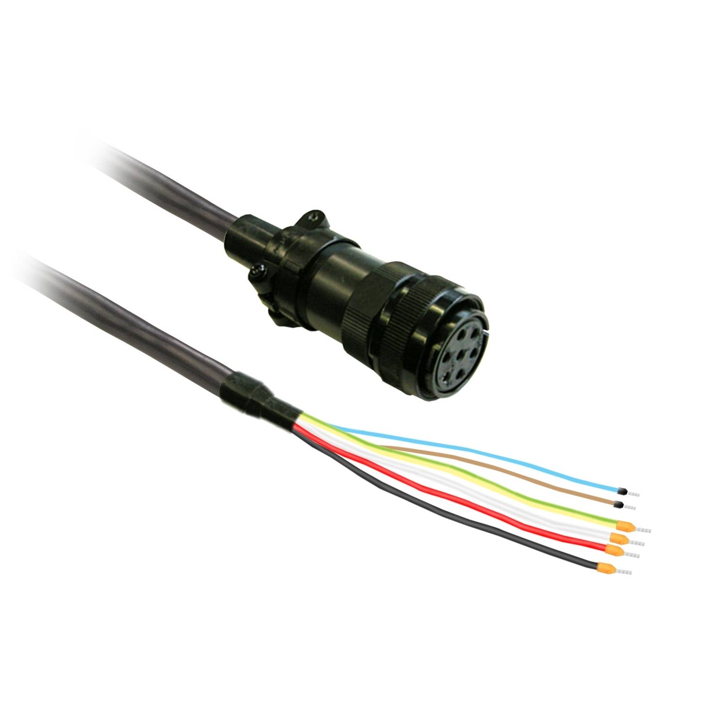 Kabel s okruglim utikačem s lijeve strane i nekoliko obojenih žica s desne strane.