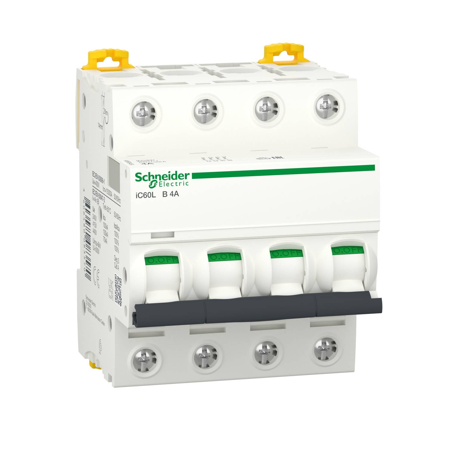 Bijeli, četveropolni instalacijski prekidač Schneider Electric s zelenim logotipom i žutim detaljima, model iC60L B 40, za električne instalacije.