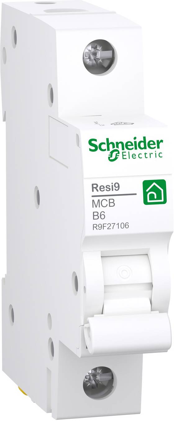 Bijeli automatski prekidač tvrtke Schneider Electric s natpisom 'Resi9 MCB B6' i nekoliko detalja o proizvodu.