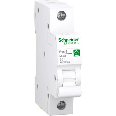 Bijeli automatski prekidač tvrtke Schneider Electric s natpisom 'Resi9 MCB B6' i nekoliko detalja o proizvodu.