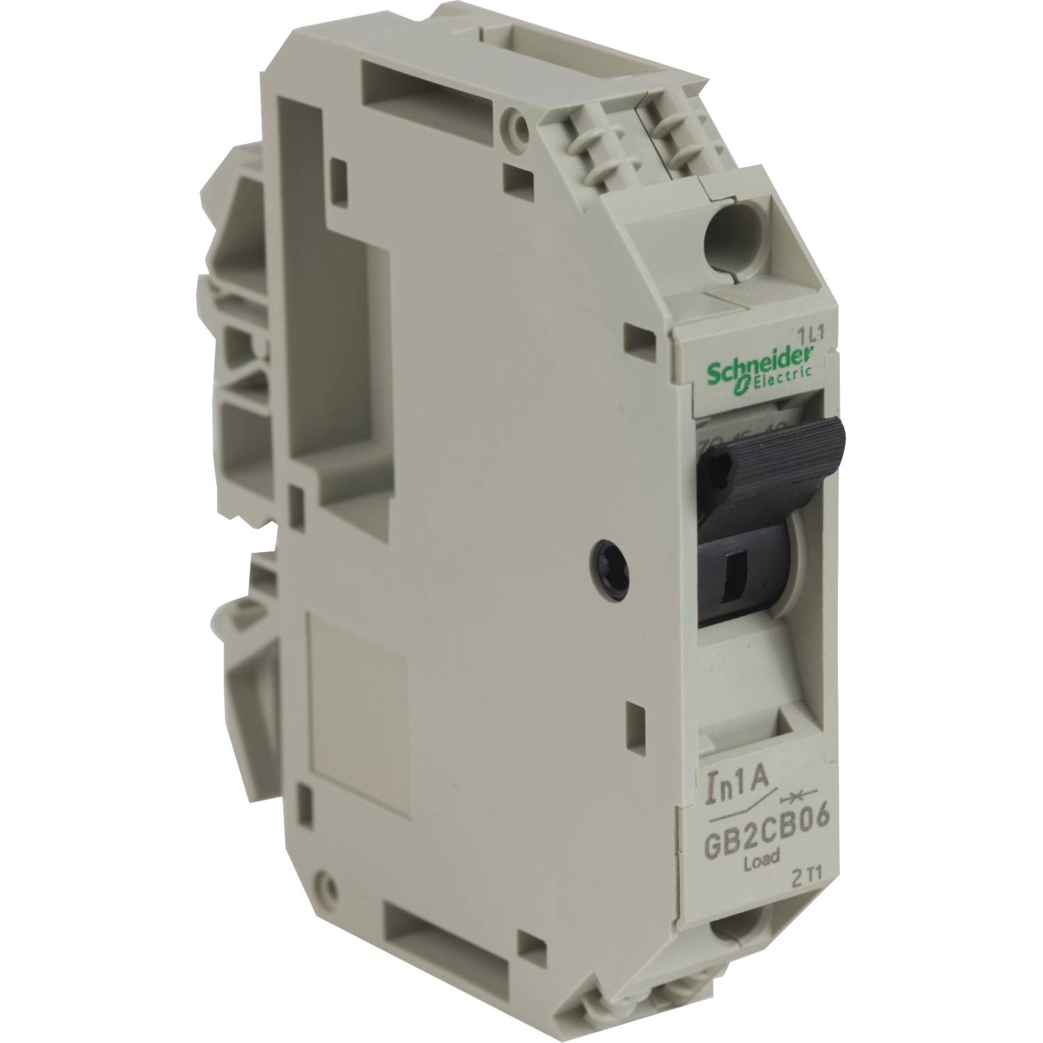 Sivi naponski prekidač Schneider Electric-a s crnim preklopnikom i natpisom 'In1A GB2CB06 Load 21'.