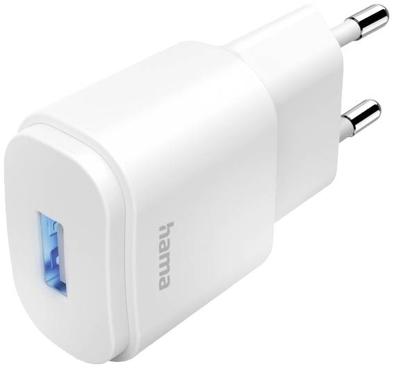 Bijeli USB punjač marke Hama s dva priključka i plavim USB portom.
