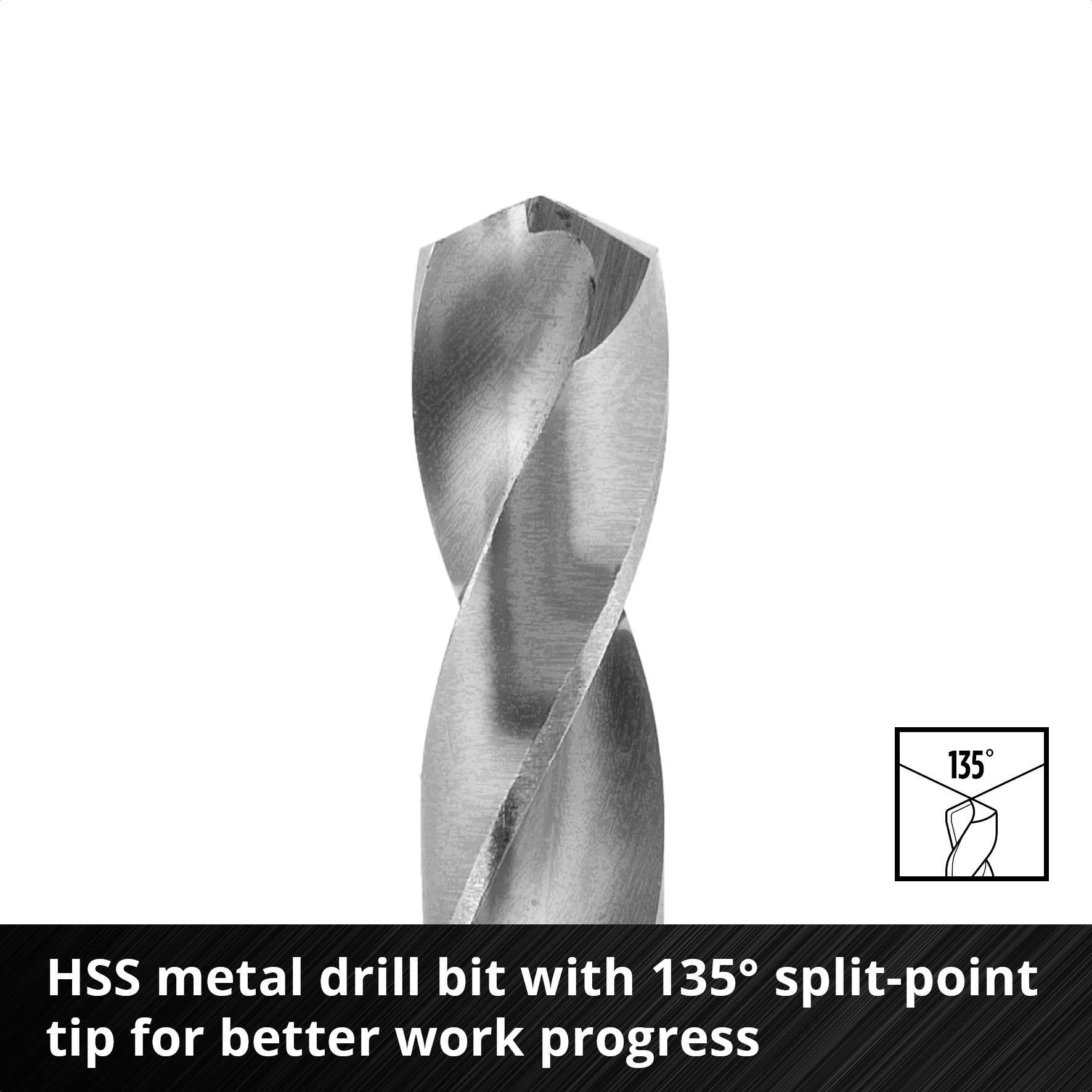 HSS metalni svrdao s 135° split-point vrhom za bolji napredak rada. Prikaz metalnog svrdla i piktogram s oznakom kuta.