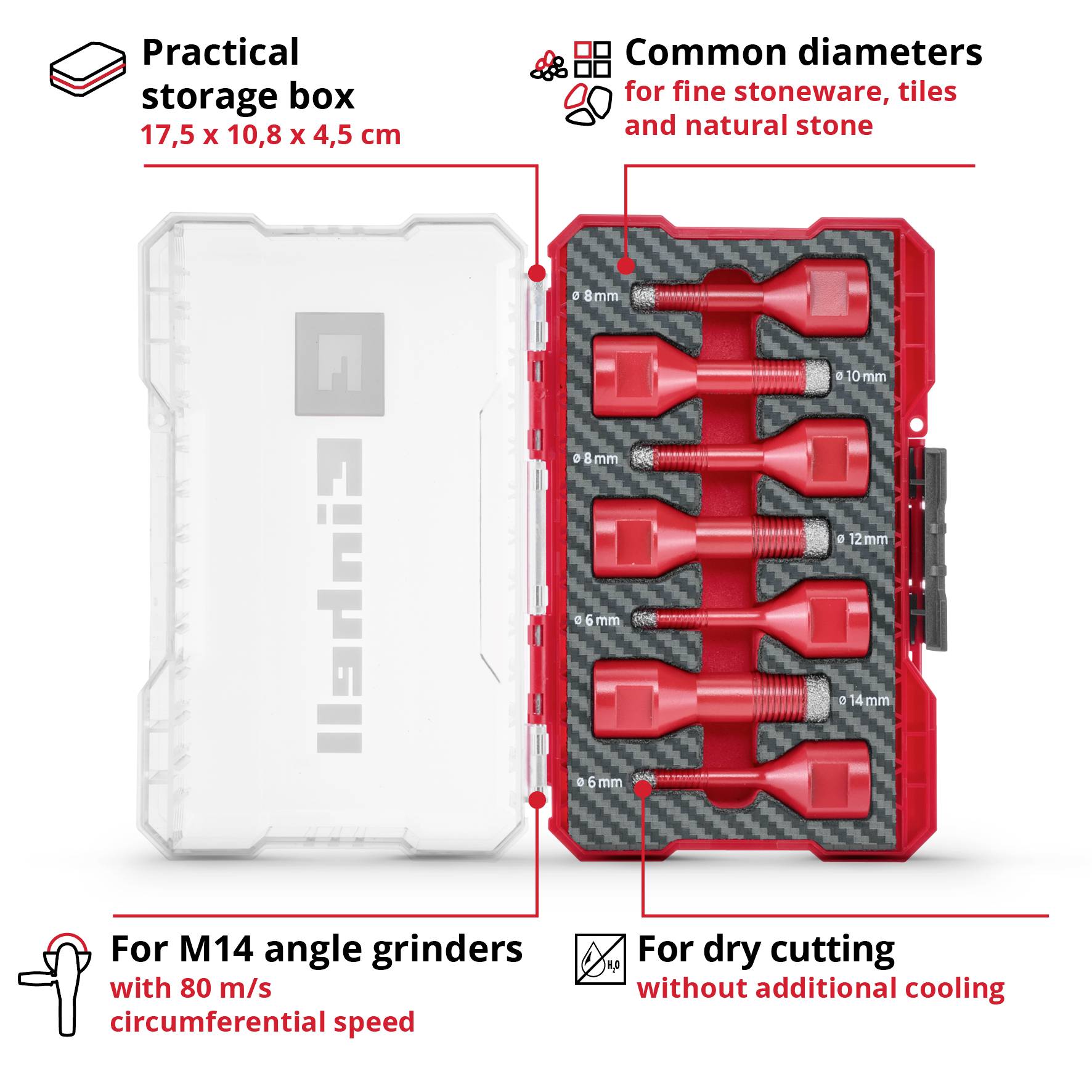 Kutija za spremanje dijamantnih kruna za suho bušenje, za kutni brusilica M14. Dimenzije: 17,5 x 10,8 x 4,5 cm. Pogodan za pločice.