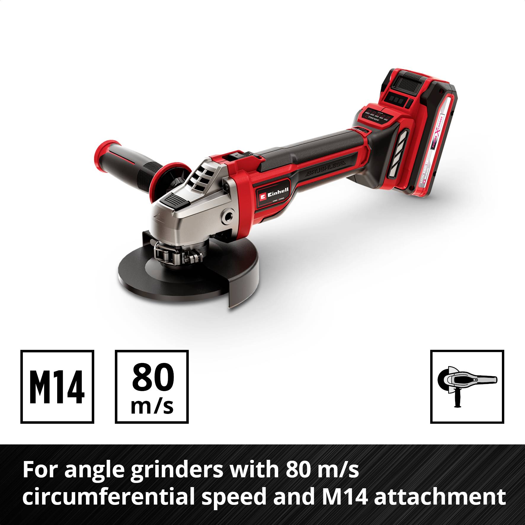 Kutni brusilica s baterijom i crvenim kućištem. Tekst: 'Za M14 kutne brusilice s 80 m/s obodnom brzinom'.
