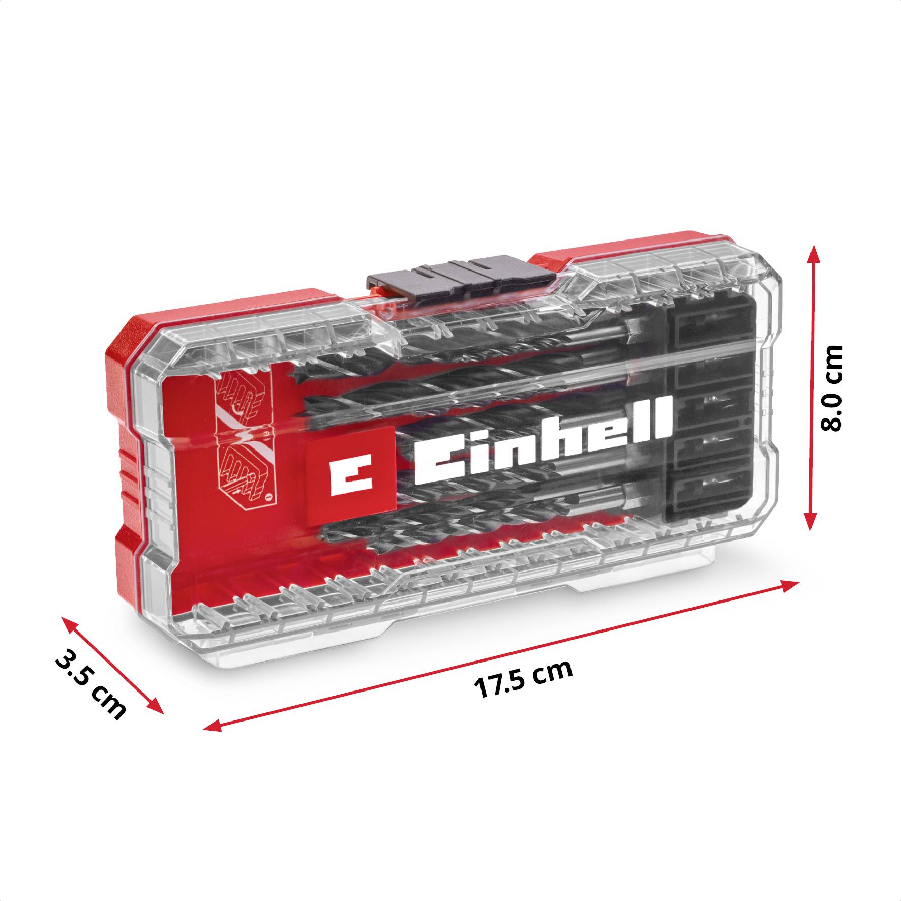 Set bušilica u prozirno-crvenom kućištu od Einhell-a, dimenzija 17,5 cm x 3,5 cm x 8,0 cm.