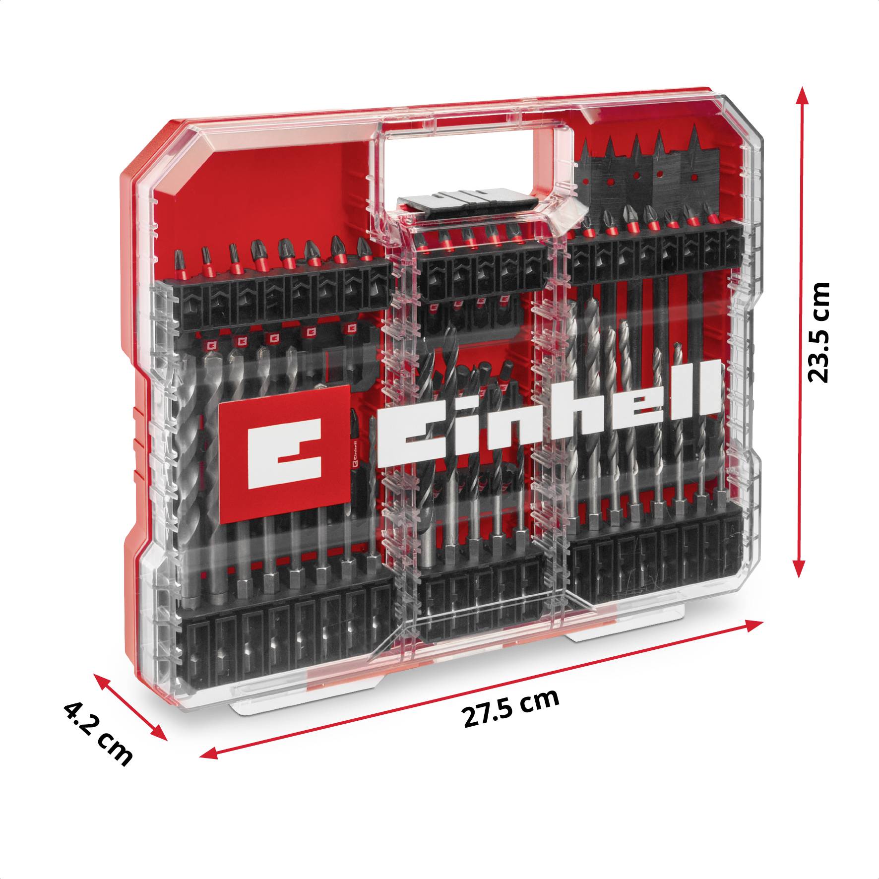 Einhell set burgija u crvenom plastičnom kovčegu, visok 23,5 cm, širok 27,5 cm i dubok 4,2 cm. Prozirni poklopac prikazuje različite veličine burgija.