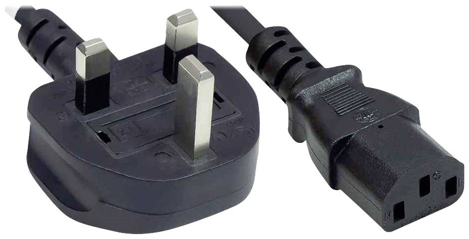 Crni električni kabel s trofaznim utikačem lijevo i IEC utikačem desno, koji se često koristi za računala.