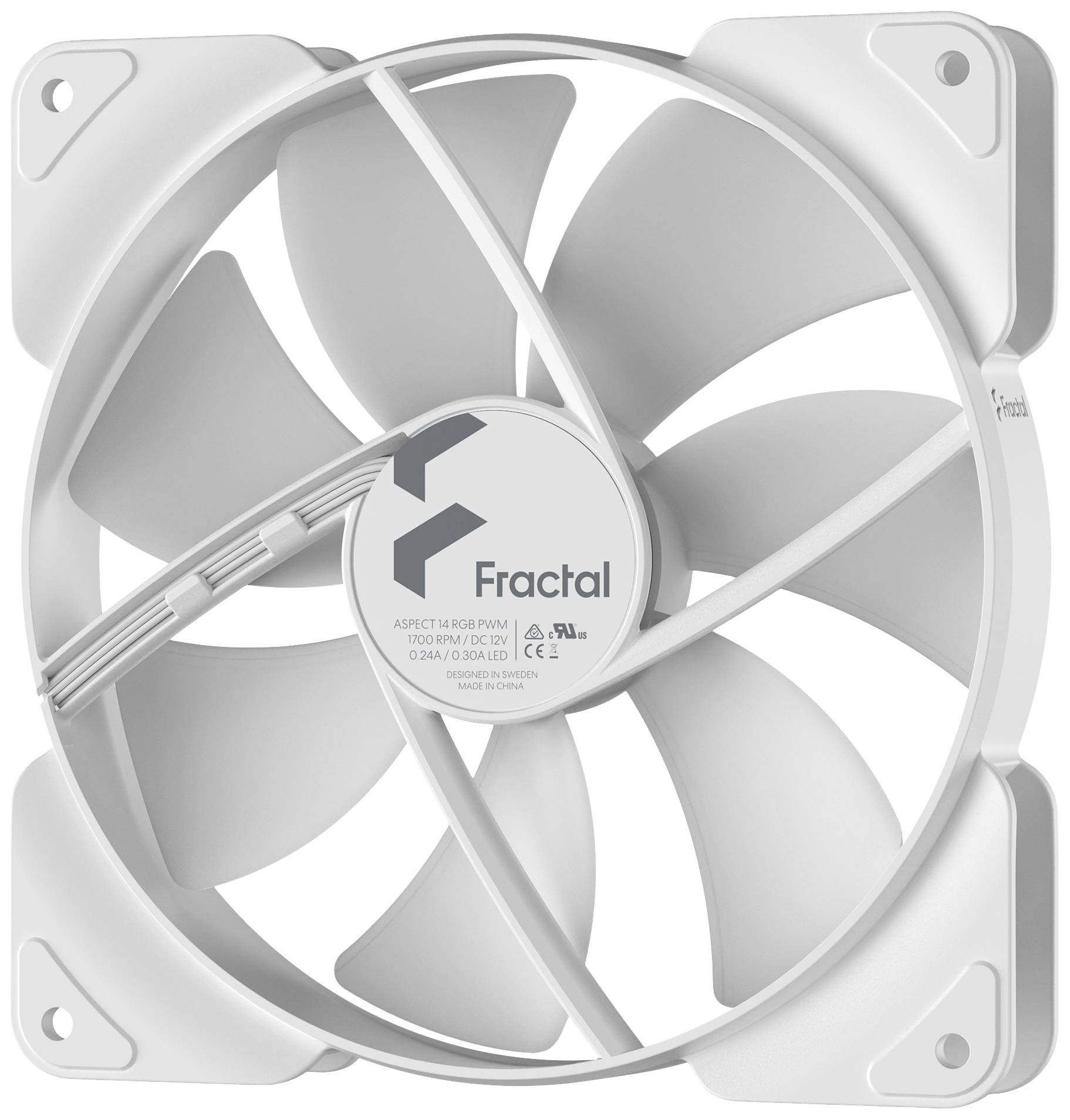 Bijeli računalni ventilator tvrtke Fractal s sivim logotipom, prikazuje šest širokih krila, pogodan za sustave hlađenja u računalima.