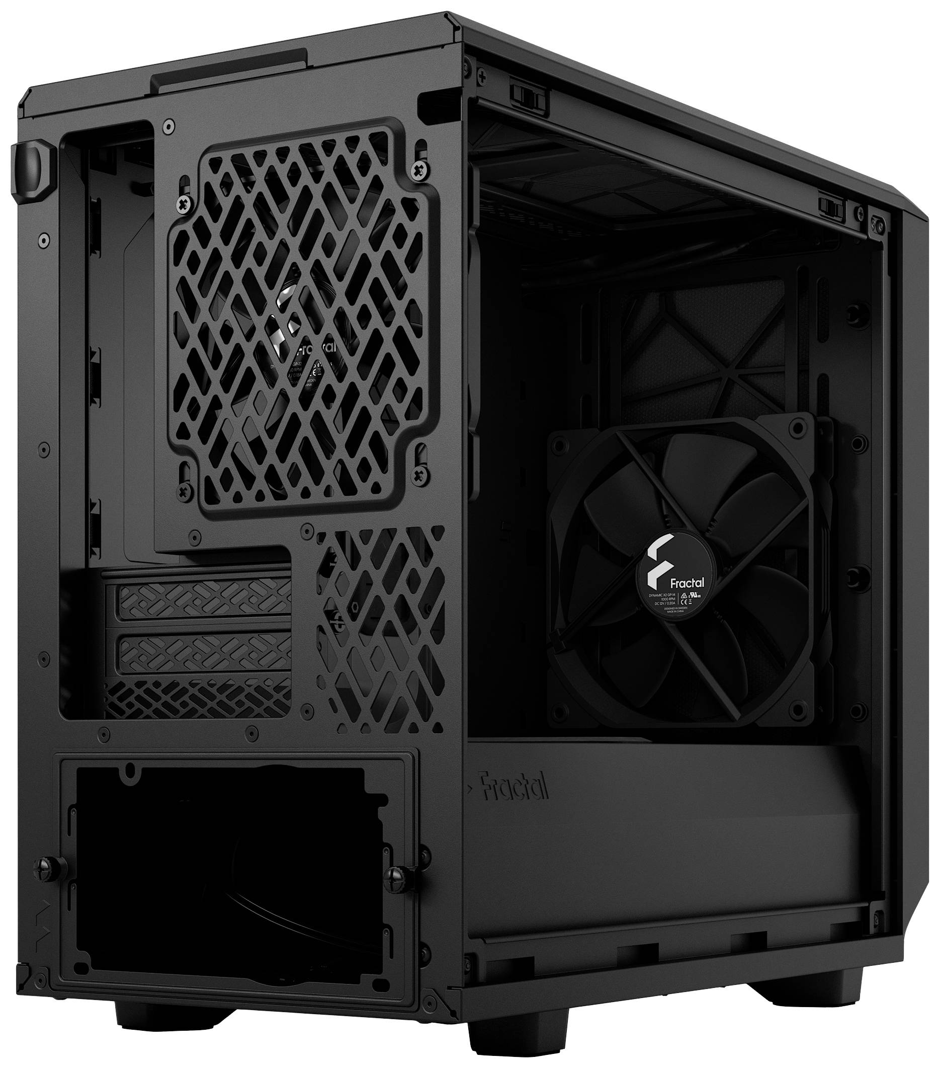 Crni PC kućište, otvoreno. Prikazuje ventilatore i prostor za komponente u unutrašnjosti. Minimalistički dizajn, pogodan za DIY sastavljanje računala.