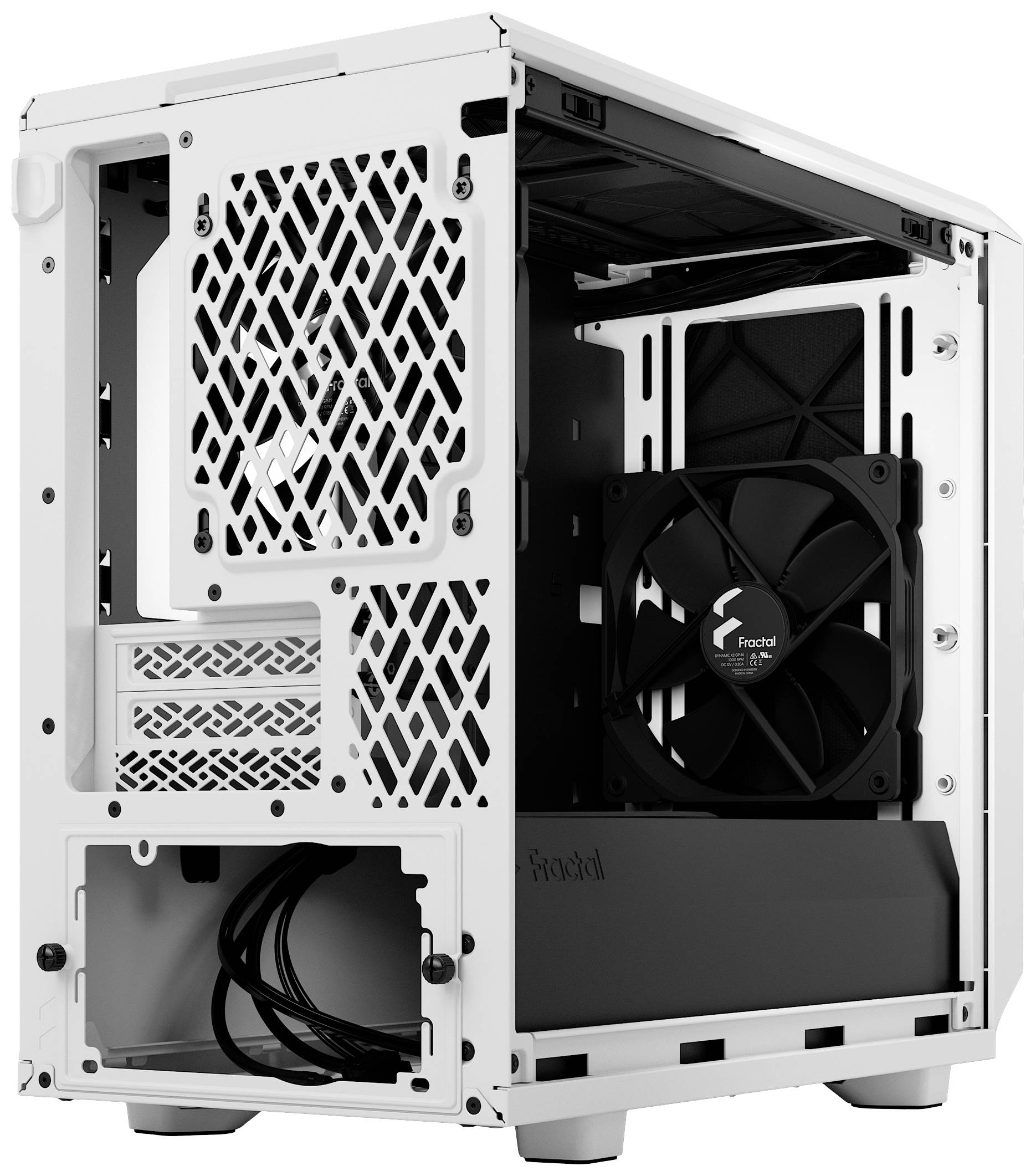 Bijelo kućište računala s otvorenim bočnim panelom prikazuje ventilatore i prostor za komponente; pogodno za projekta sastavljanja računala.