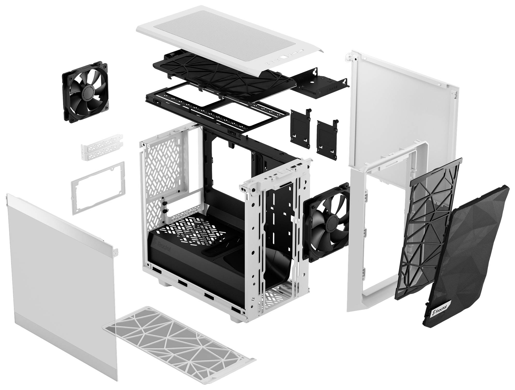 Eksplozijski prikaz kućišta računala s uklonjenim panelima i komponentama, prikazuje pozicije ventilatora, okvira i rešetki.