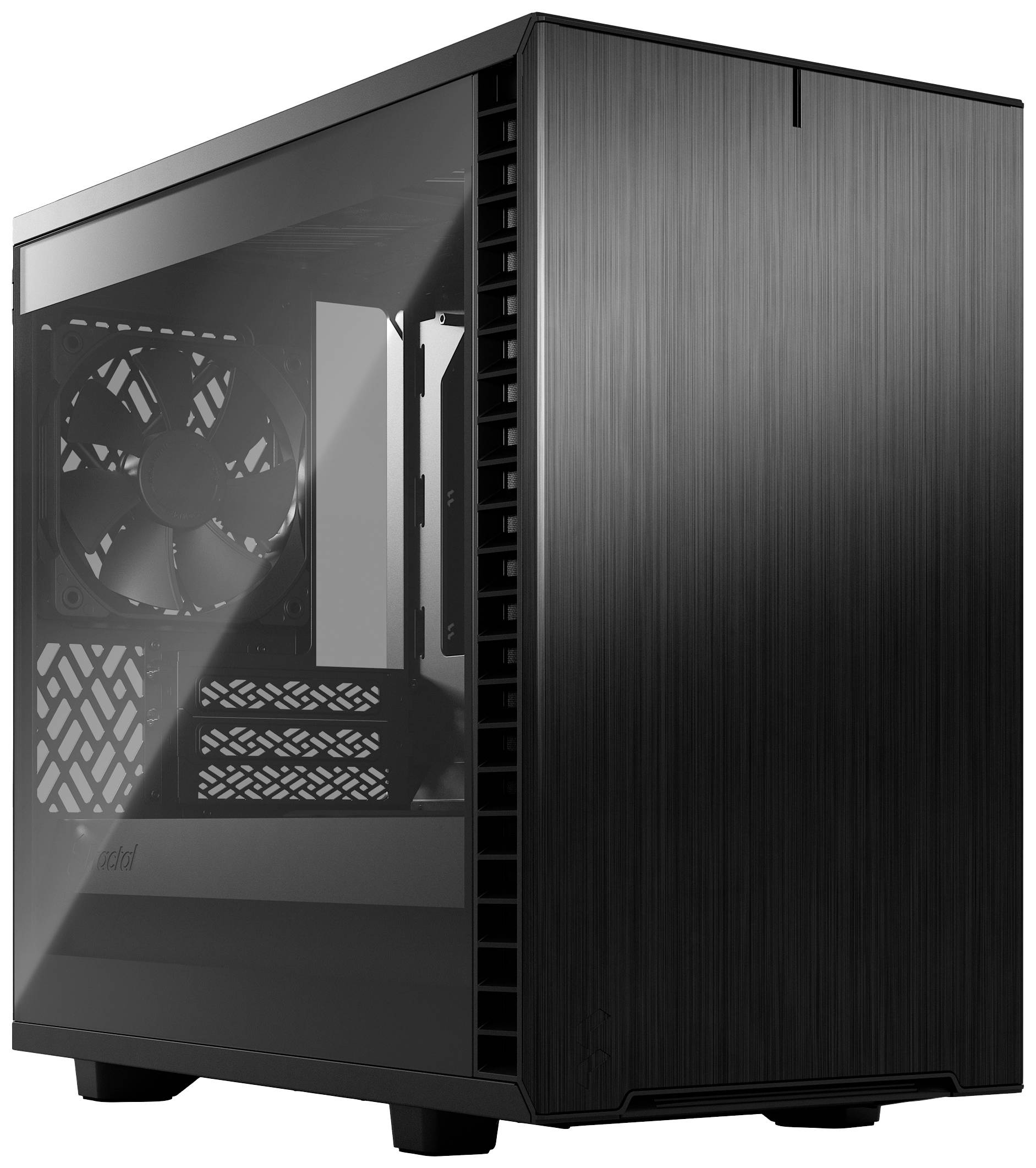 Crno kućište računala sa staklenim prozorčićem, prikazuje unutarnji raspored i ventilatore. Pogodno za PC buildove, moderno i minimalistično dizajnirano.