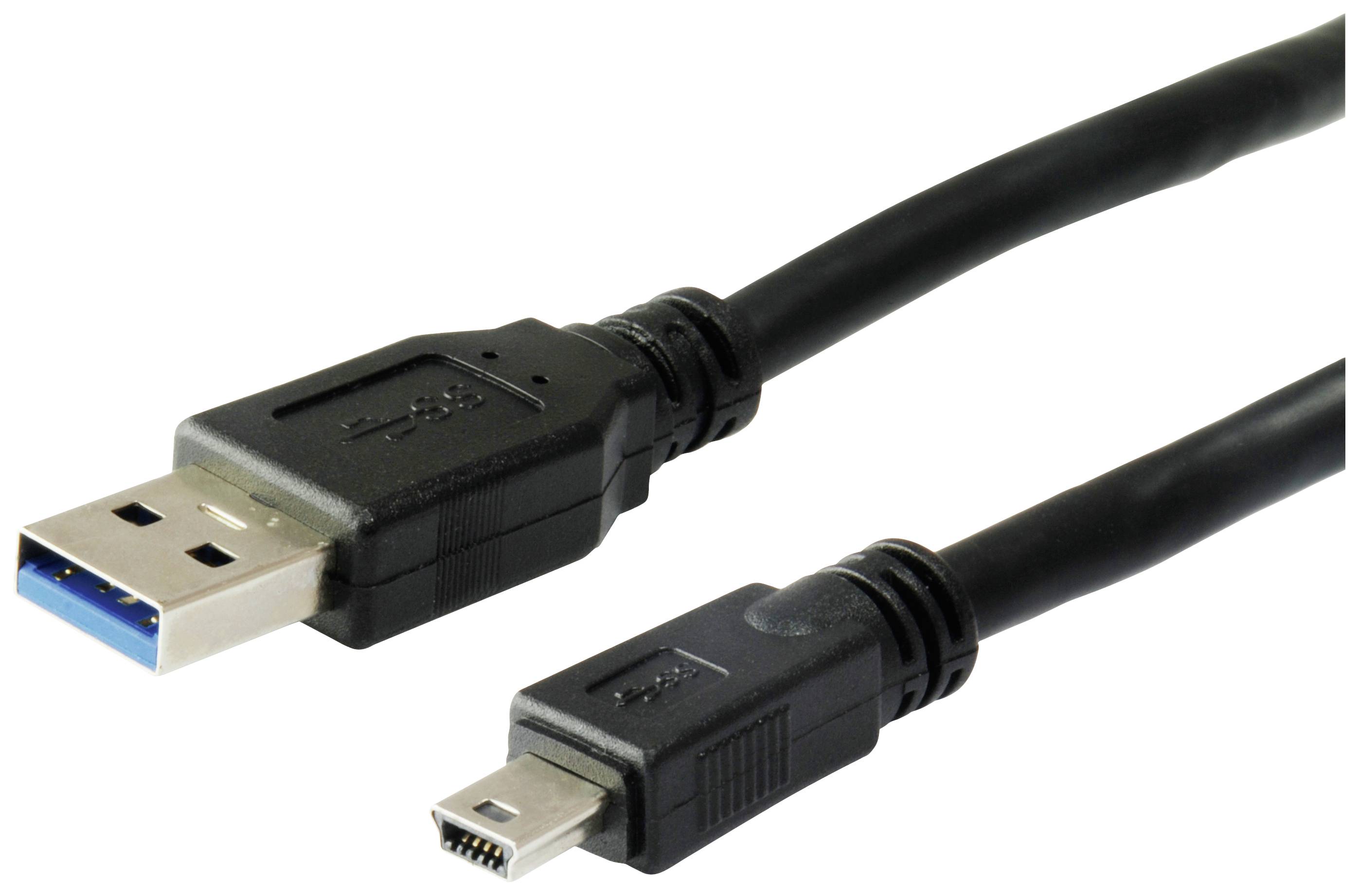 Crni USB kabel sa standardnim USB utikačem na jednoj strani i mini USB utikačem na drugoj strani.