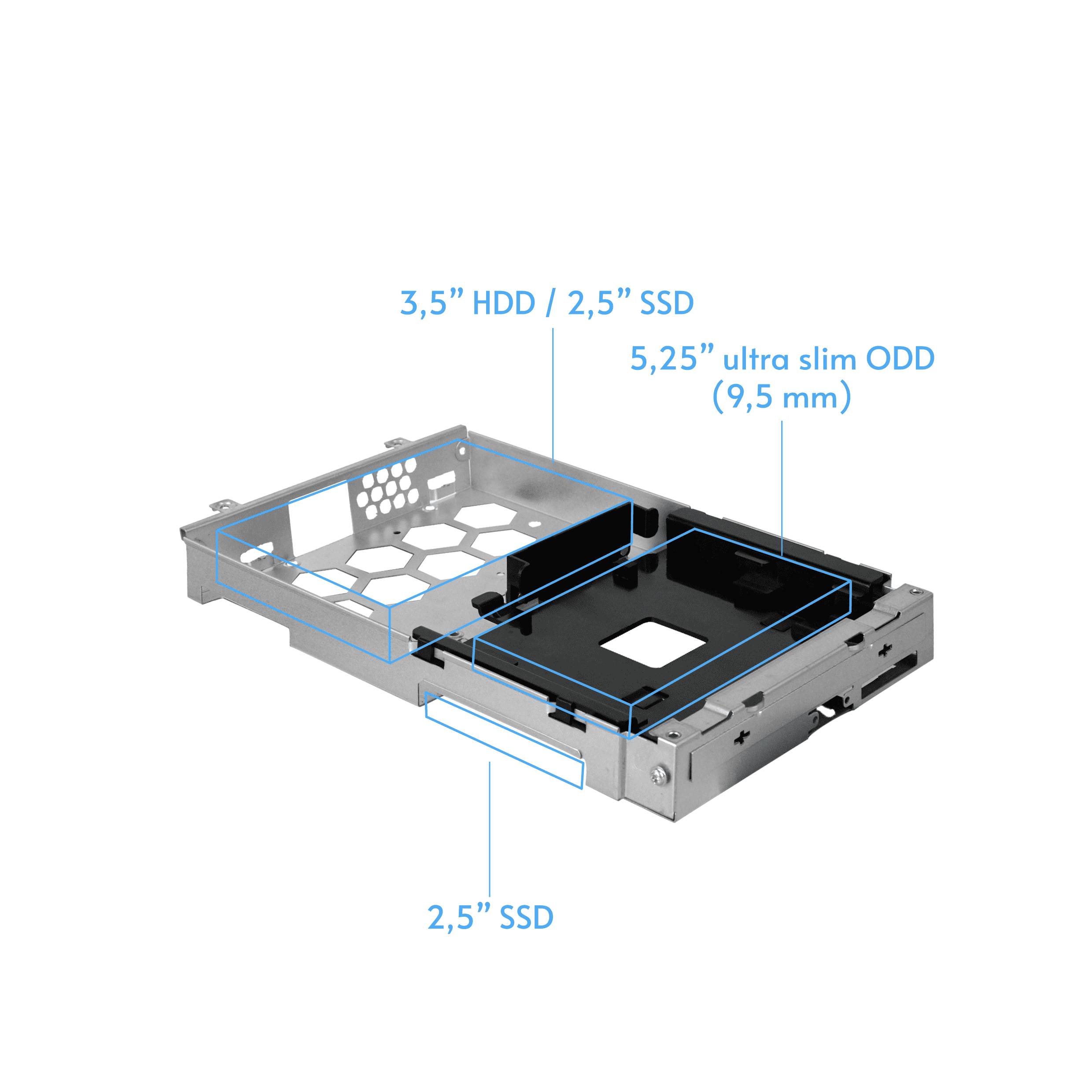 Okvir za tvrdi disk s mjestima za '3,5" HDD', '2,5" SSD' i '5,25" ultra-tanki ODD (9,5 mm)'. Prikaz ugradnih utora za različite pogone.