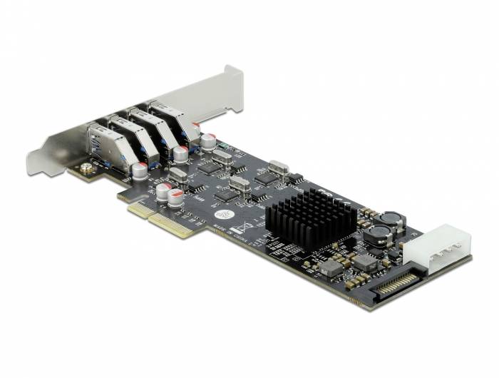 Crna PCI Express proširna kartica za računala s više priključaka i elektroničkim komponentama na pločici.