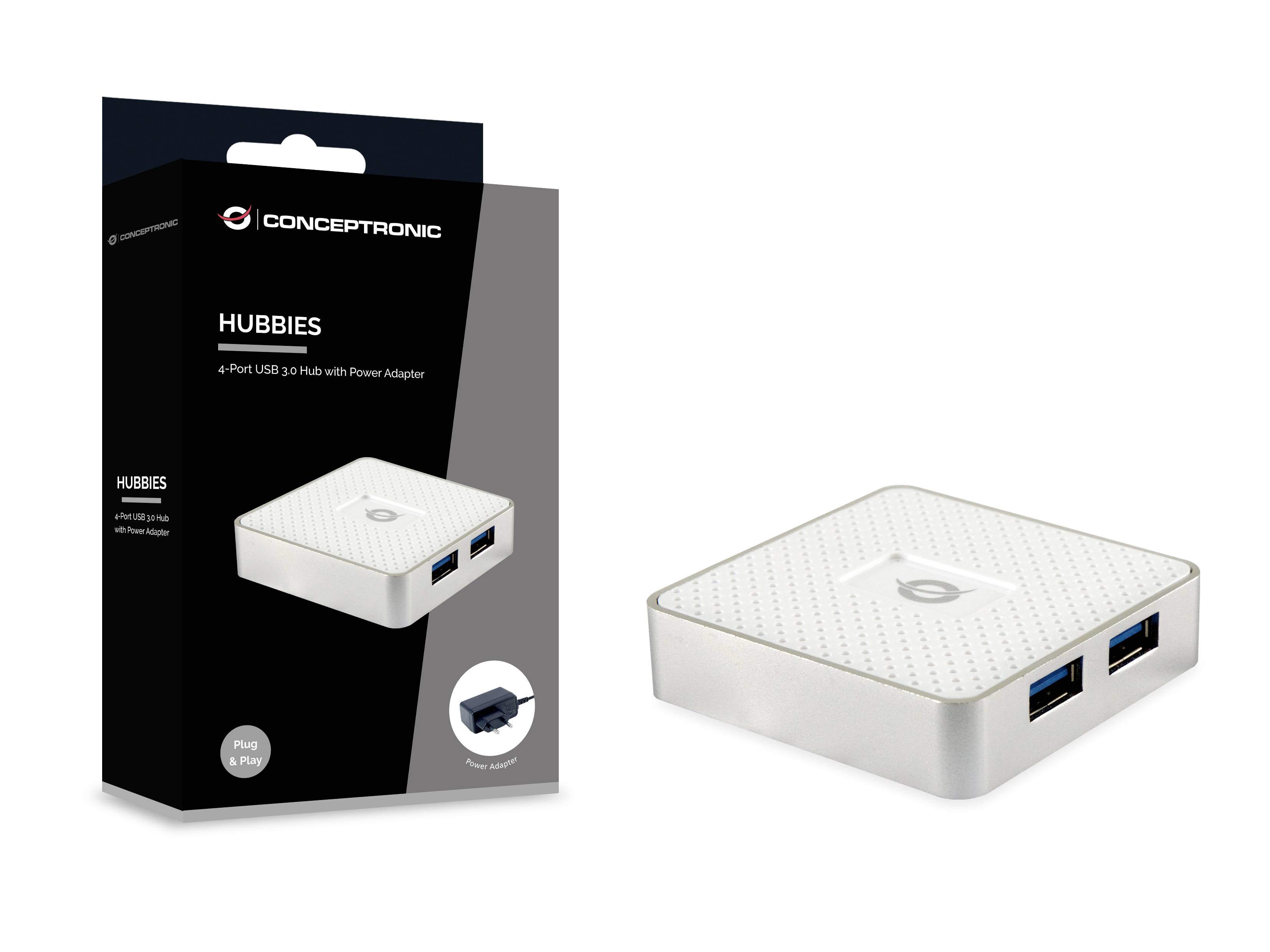 USB-hub s četiri priključka. Pakiranja lijevo, pogled na proizvod desno. Glavna značajka: Praktičan za proširenu povezivost.