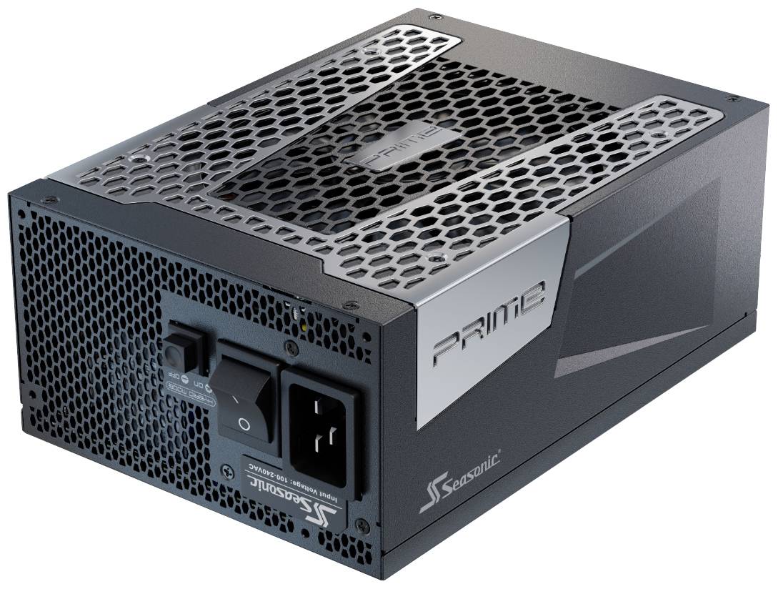Crni napajanje marke Seasonic s rešetkom za ventilaciju i power sklopkom. Model 'PRIME'. Pogodan za računala.