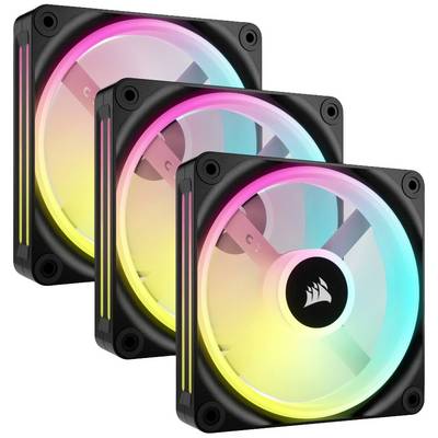 Tri PC kućišna ventilatora s RGB osvjetljenjem, koji svijetle žuto i plavo, poredana u nizu.