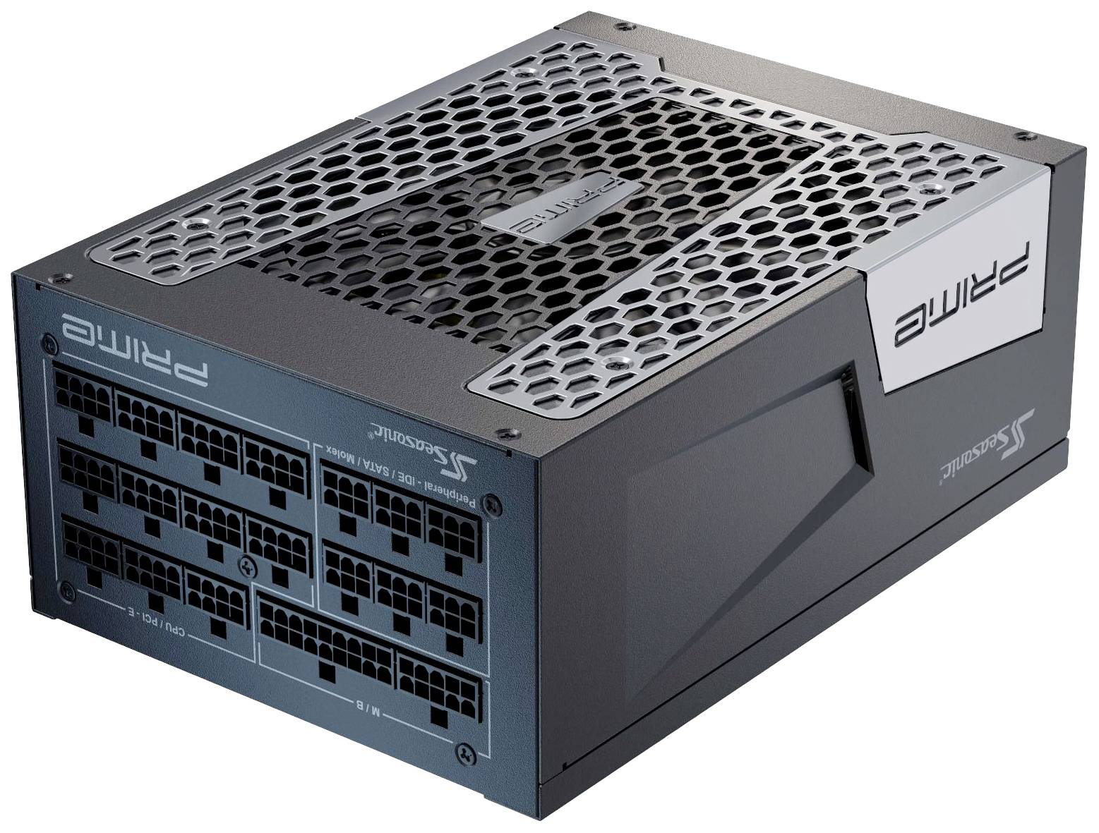 Crni PC napajanje s više priključaka i rešetkom ventilatora na vrhu, na kojem je vidljiv naziv proizvoda 'Prime'.