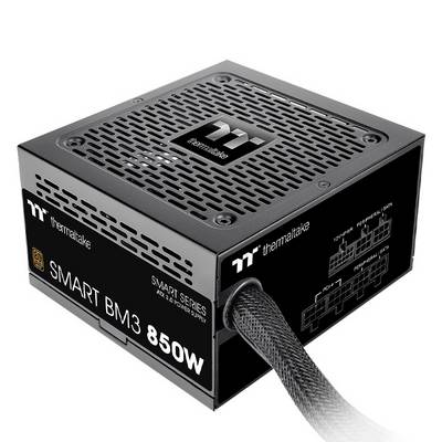 Napajanje Thermaltake Smart BM3, 850W, modularne kabelske instalacije. Pogodno za visoko učinkovite računale. Crni dizajn s ventiliranim gornjim poklopcem.